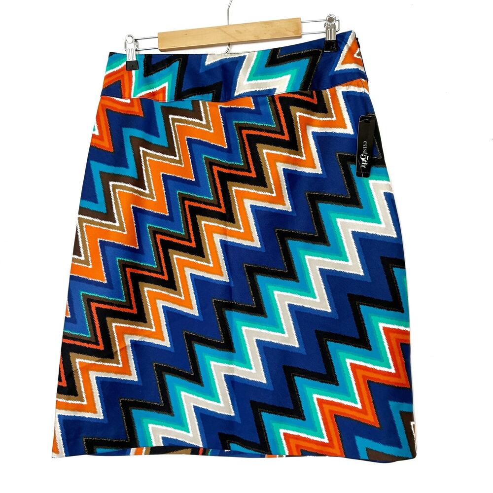 East 5TH Blue Multi Color Zigzag Chevron Pencil Skirt Cotton Poly NWT Womens 12